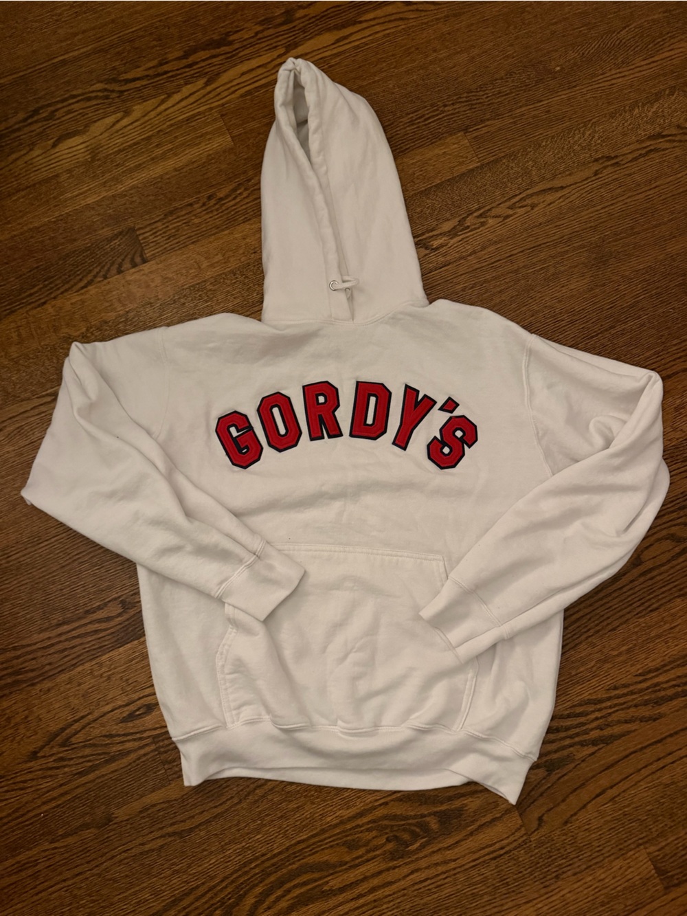 Gordy's White Pullover Hoodie with Red Graphic Lake Geneva Wisconsin